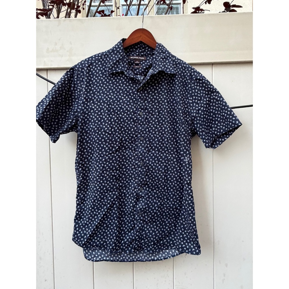 Michael Kors Mens Slim Fit Navy Blue Floral Micro Print Short Sleeve Shirt M